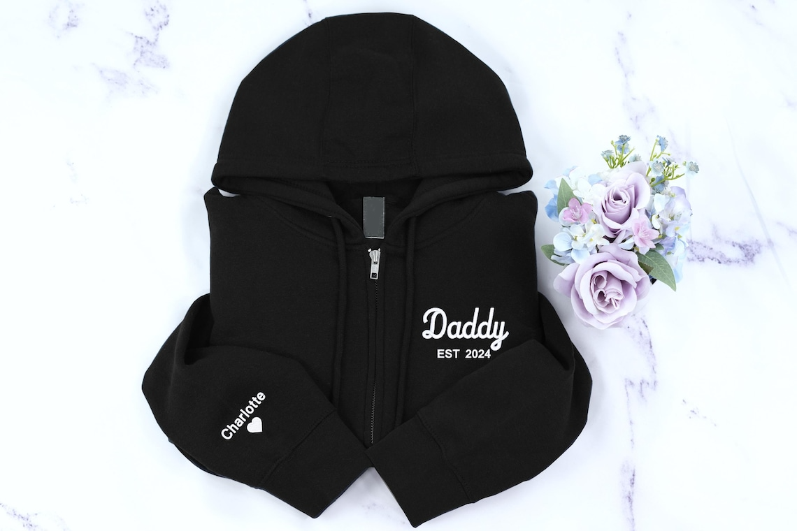 Personalized Grandpa Grandma Zip Hoodie Set With Names On Sleeves, Custom Embroidered Grandparents Matching Hoodies, Family Name Apparel Keepsake Est Year Design