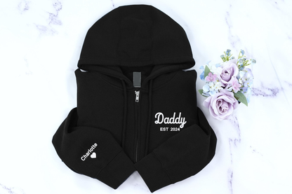 Personalized Grandpa Grandma Zip Hoodie Set With Names On Sleeves, Custom Embroidered Grandparents Matching Hoodies, Family Name Apparel Keepsake Est Year Design