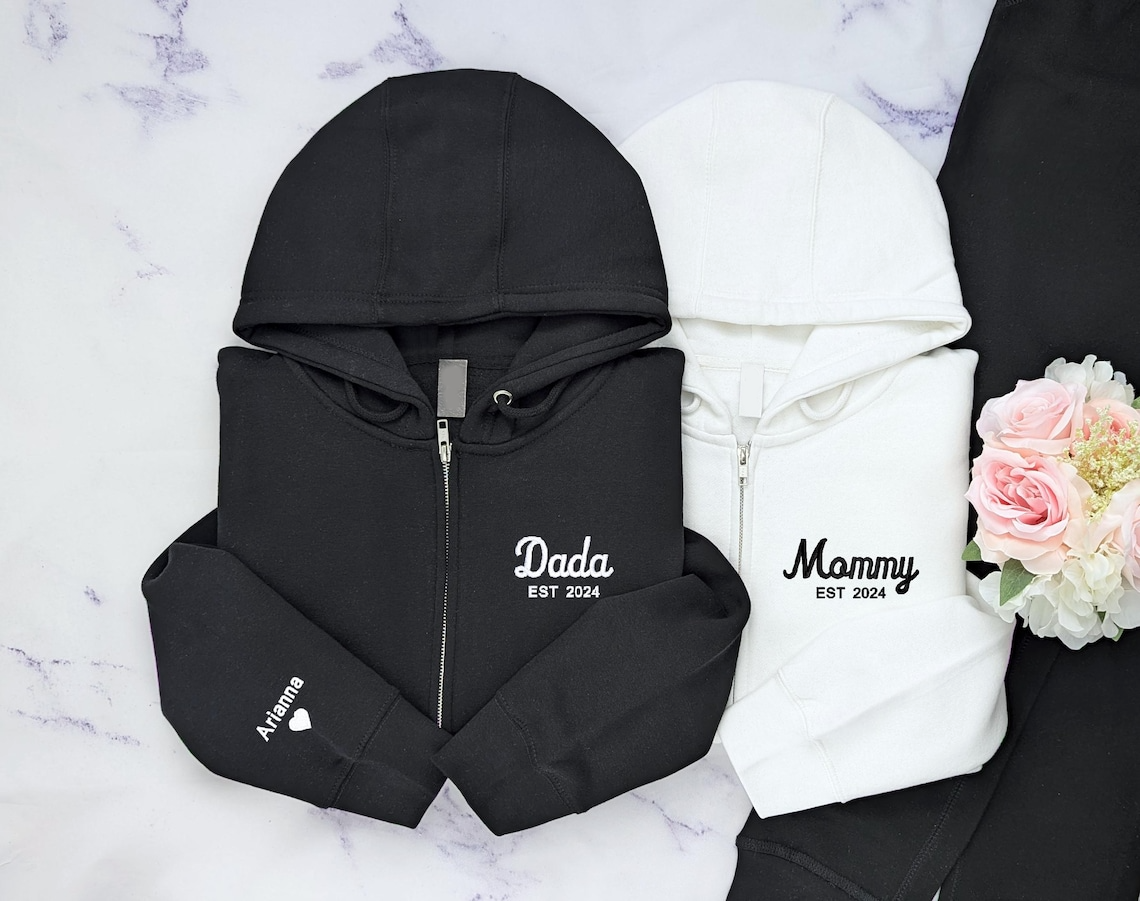 Personalized Grandpa Grandma Zip Hoodie Set With Names On Sleeves, Custom Embroidered Grandparents Matching Hoodies, Family Name Apparel Keepsake Est Year Design