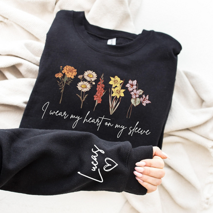 Personalized Flower Sweatshirt with Kids’ Names – I Wear My Heart on My Sleeve Custom Crewneck Sweatshirt