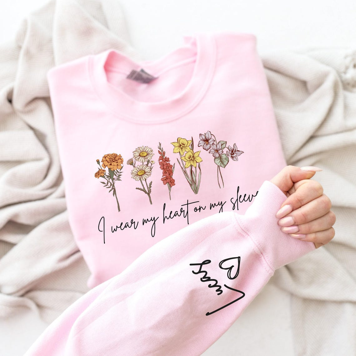 Personalized Flower Sweatshirt with Kids’ Names – I Wear My Heart on My Sleeve Custom Crewneck Sweatshirt
