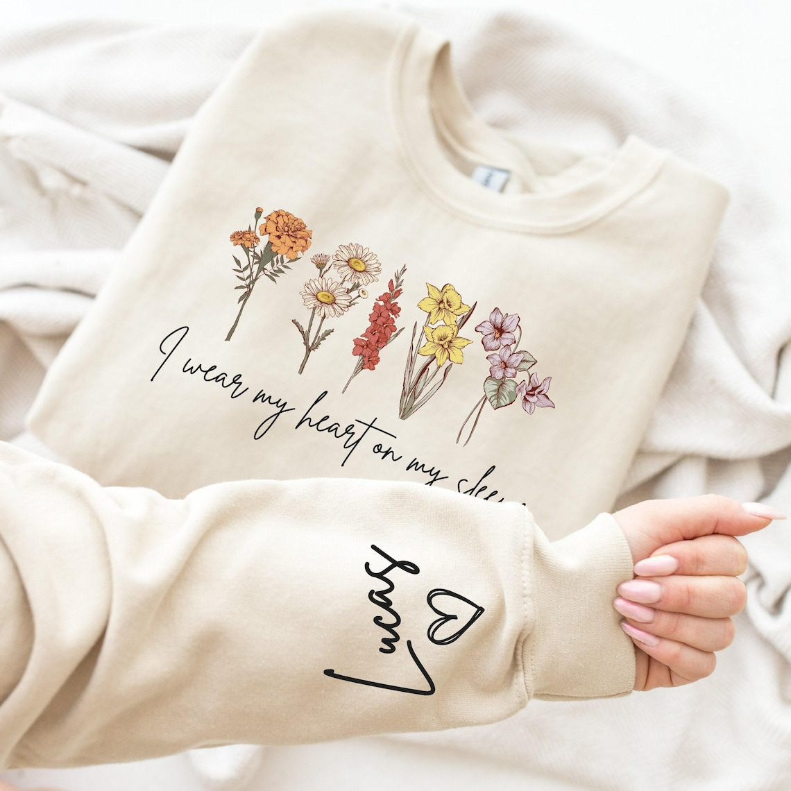 Personalized Flower Sweatshirt with Kids’ Names – I Wear My Heart on My Sleeve Custom Crewneck Sweatshirt