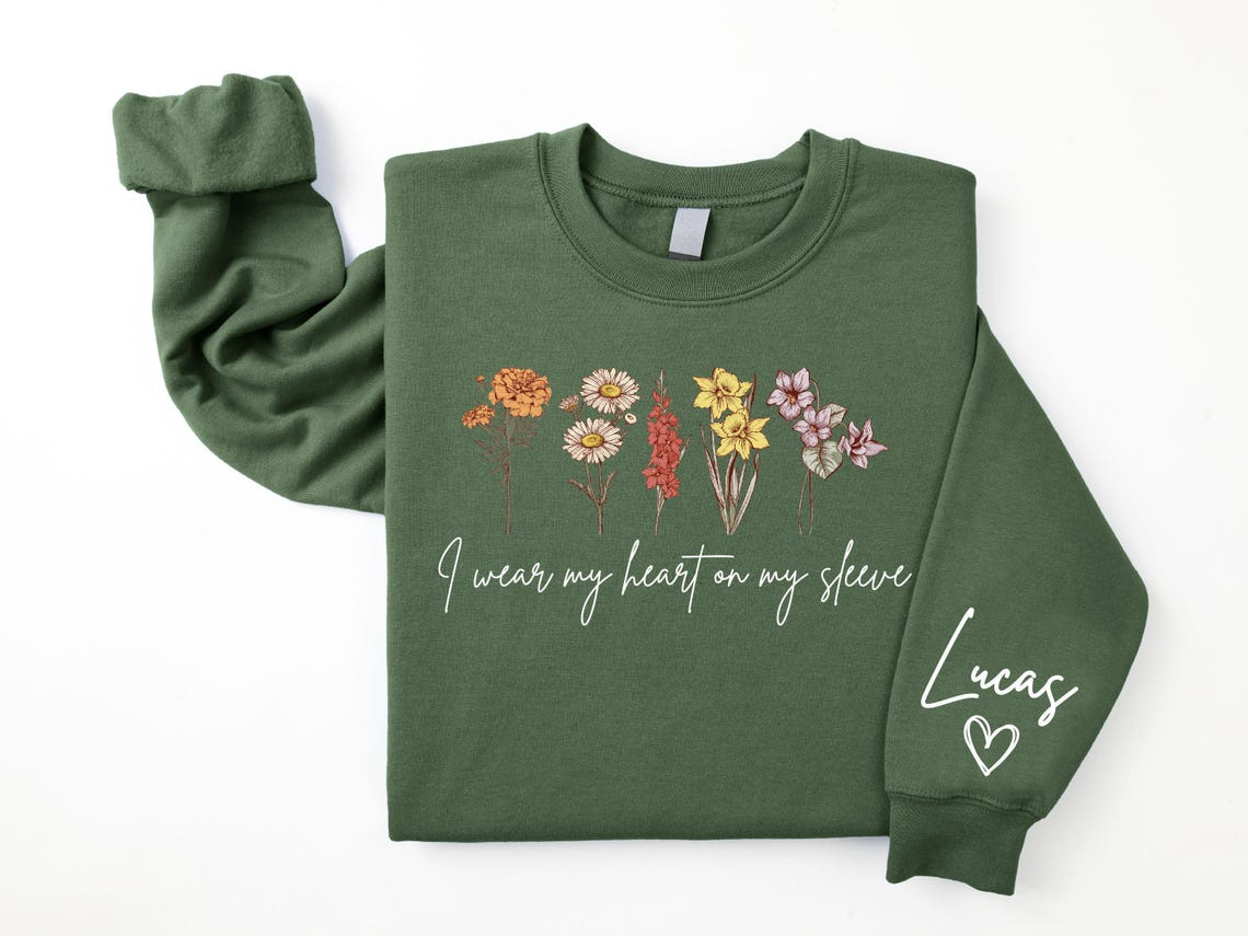 Personalized Flower Sweatshirt with Kids’ Names – I Wear My Heart on My Sleeve Custom Crewneck Sweatshirt