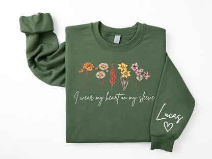 Personalized Flower Sweatshirt with Kids’ Names – I Wear My Heart on My Sleeve Custom Crewneck Sweatshirt