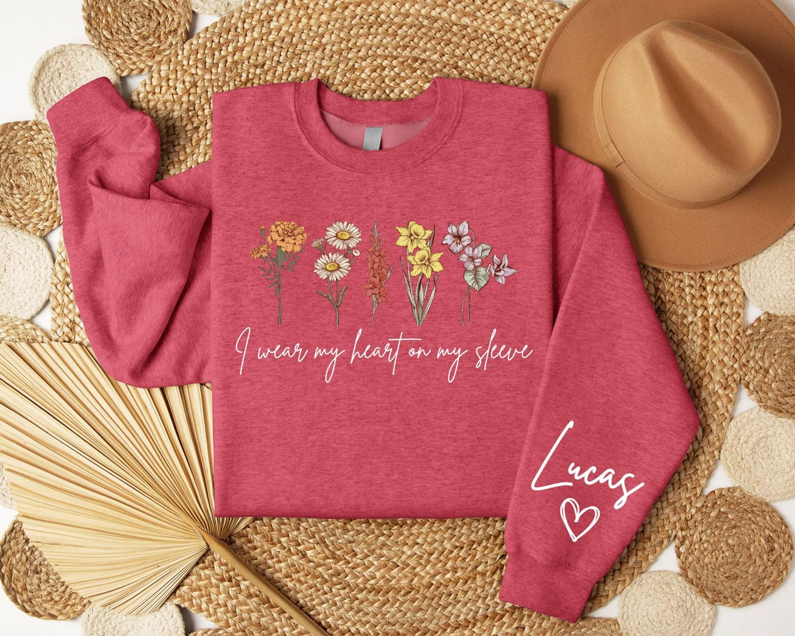 Personalized Flower Sweatshirt with Kids’ Names – I Wear My Heart on My Sleeve Custom Crewneck Sweatshirt