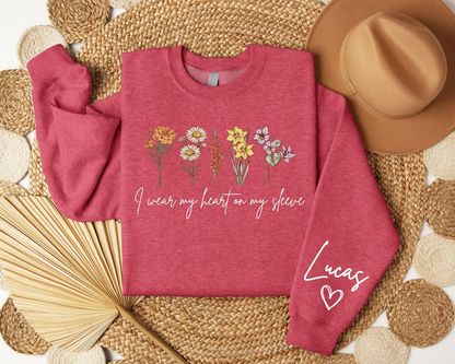 Personalized Flower Sweatshirt with Kids’ Names – I Wear My Heart on My Sleeve Custom Crewneck Sweatshirt