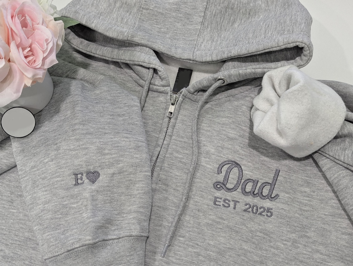 Personalized Grandpa Grandma Zip Hoodie Set With Names On Sleeves, Custom Embroidered Grandparents Matching Hoodies, Family Name Apparel Keepsake Est Year Design