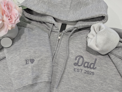 Personalized Grandpa Grandma Zip Hoodie Set With Names On Sleeves, Custom Embroidered Grandparents Matching Hoodies, Family Name Apparel Keepsake Est Year Design
