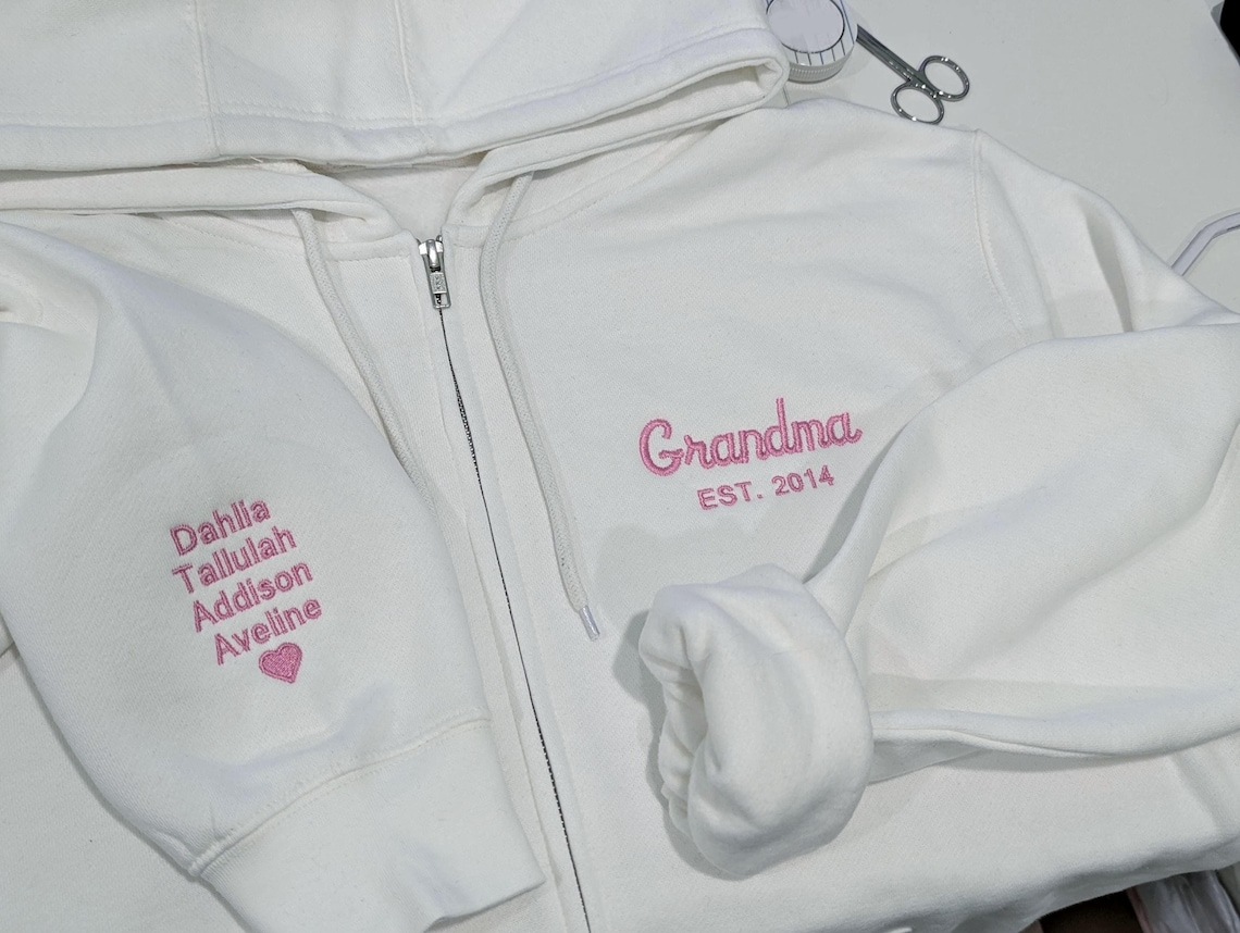 Personalized Grandpa Grandma Zip Hoodie Set With Names On Sleeves, Custom Embroidered Grandparents Matching Hoodies, Family Name Apparel Keepsake Est Year Design