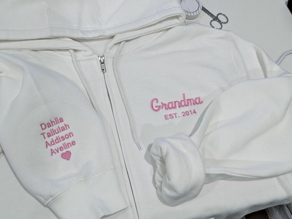 Personalized Grandpa Grandma Zip Hoodie Set With Names On Sleeves, Custom Embroidered Grandparents Matching Hoodies, Family Name Apparel Keepsake Est Year Design