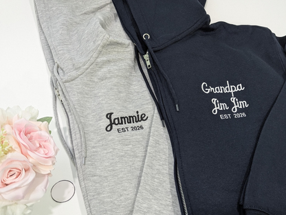 Personalized Grandpa Grandma Zip Hoodie Set With Names On Sleeves, Custom Embroidered Grandparents Matching Hoodies, Family Name Apparel Keepsake Est Year Design