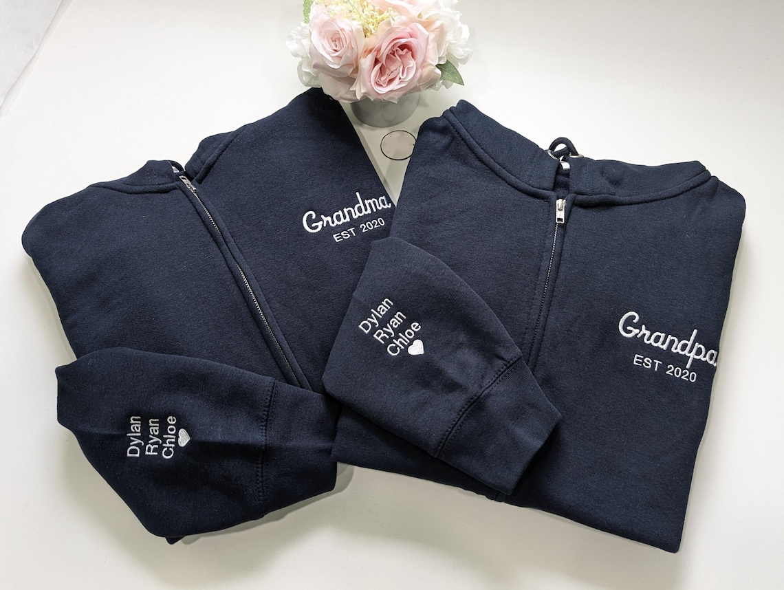 Personalized Grandpa Grandma Zip Hoodie Set With Names On Sleeves, Custom Embroidered Grandparents Matching Hoodies, Family Name Apparel Keepsake Est Year Design