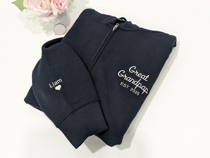 Personalized Grandpa Grandma Zip Hoodie Set With Names On Sleeves, Custom Embroidered Grandparents Matching Hoodies, Family Name Apparel Keepsake Est Year Design
