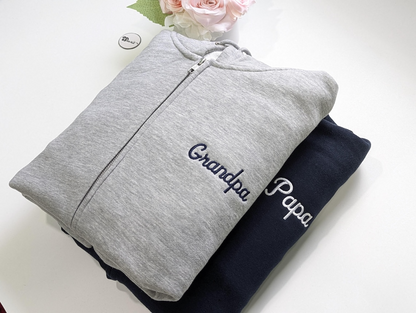 Personalized Grandpa Grandma Zip Hoodie Set With Names On Sleeves, Custom Embroidered Grandparents Matching Hoodies, Family Name Apparel Keepsake Est Year Design
