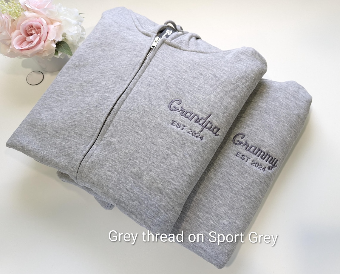 Personalized Grandpa Grandma Zip Hoodie Set With Names On Sleeves, Custom Embroidered Grandparents Matching Hoodies, Family Name Apparel Keepsake Est Year Design