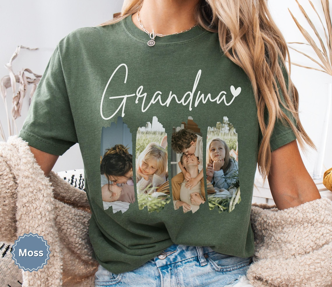 Personalized Grandma Photo Shirt Comfort Colors, Custom Grandkids Picture Collage Tee