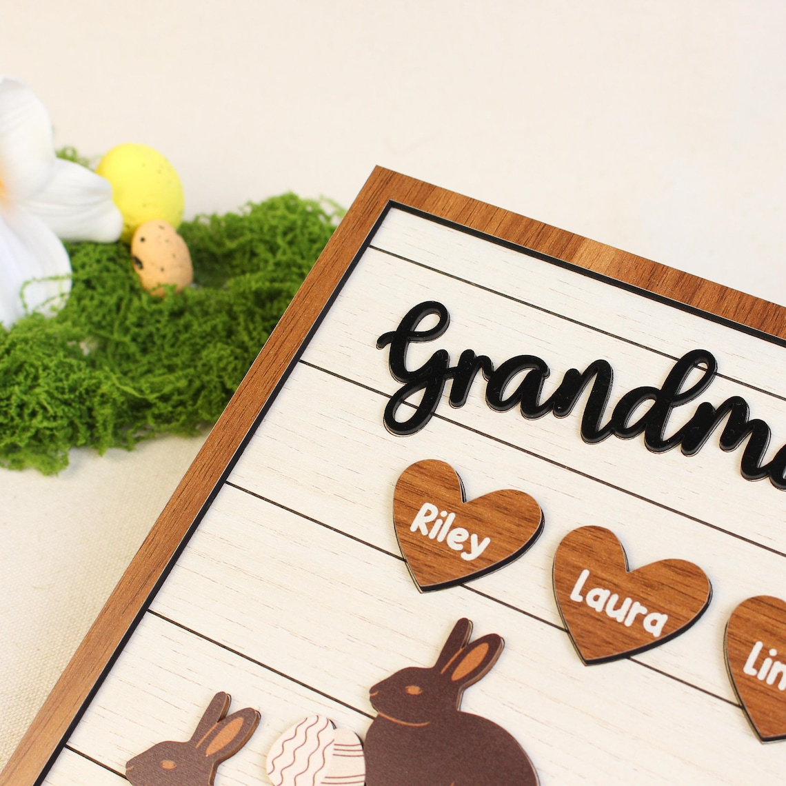 Custom Bunny Grandma Easter Sign, Easter Egg Peep Sign for Grandparents Home Decor Gift, Custom 2-Layered Wooden Plaque