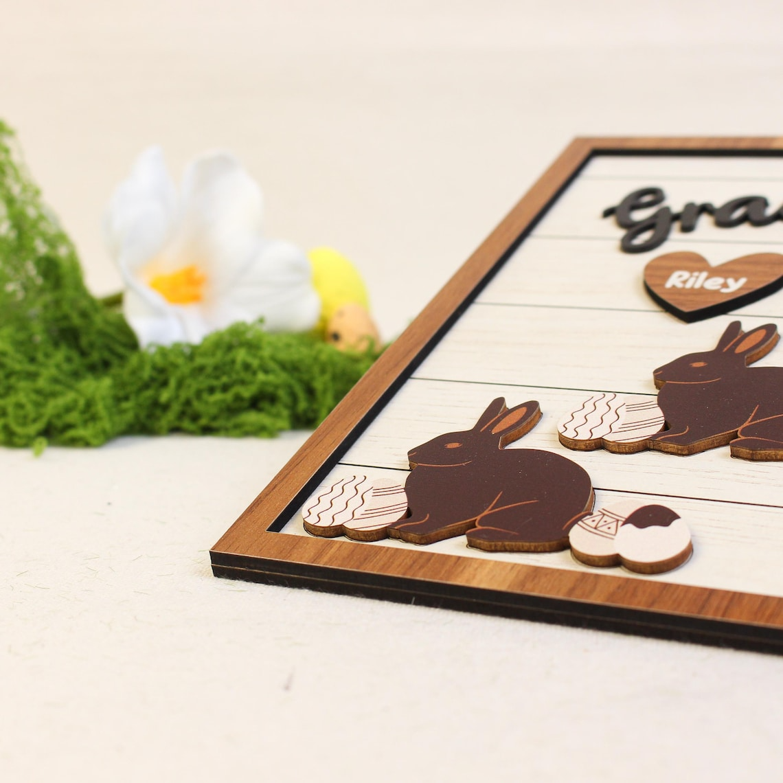 Custom Bunny Grandma Easter Sign, Easter Egg Peep Sign for Grandparents Home Decor Gift, Custom 2-Layered Wooden Plaque