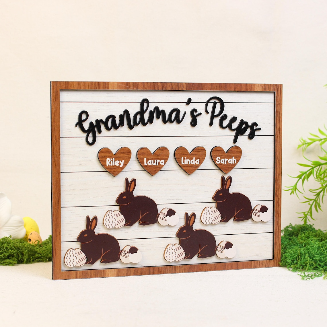 Custom Bunny Grandma Easter Sign, Easter Egg Peep Sign for Grandparents Home Decor Gift, Custom 2-Layered Wooden Plaque