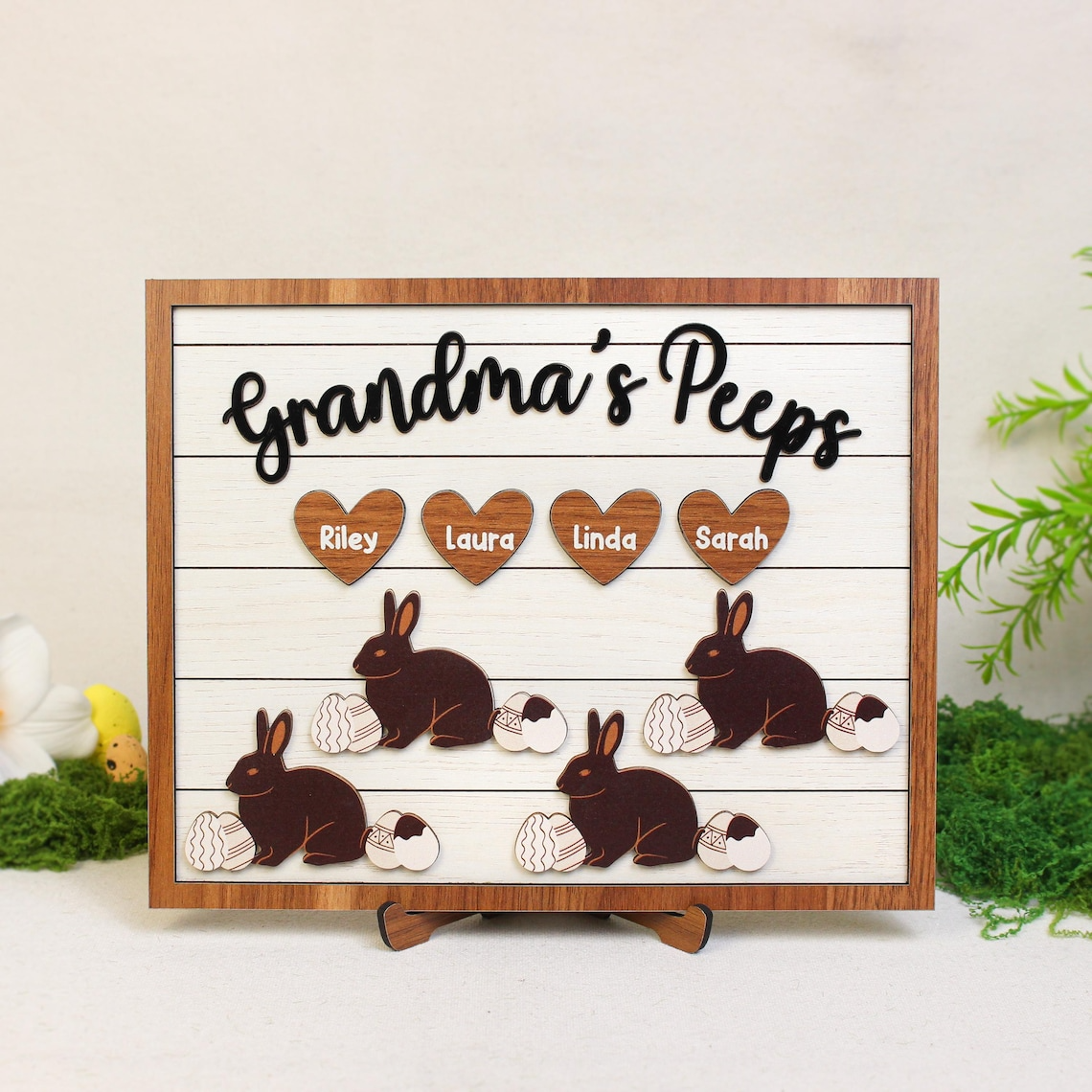 Custom Bunny Grandma Easter Sign, Easter Egg Peep Sign for Grandparents Home Decor Gift, Custom 2-Layered Wooden Plaque