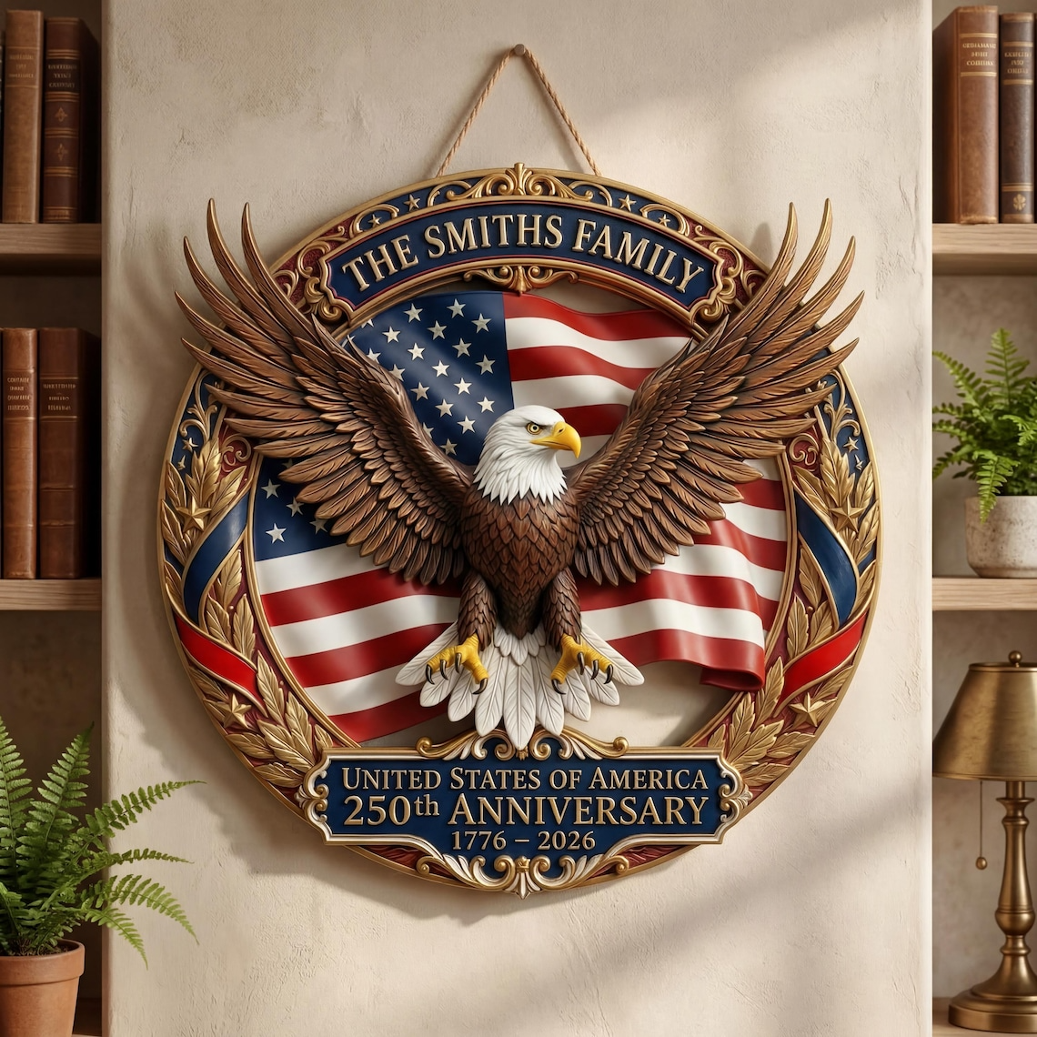 Personalized 250th Anniversary American Eagle Wood Sign, Family Name Door Hanger, Patriotic USA Decoration 1776-2026