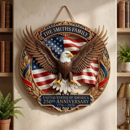 Personalized 250th Anniversary American Eagle Wood Sign, Family Name Door Hanger, Patriotic USA Decoration 1776-2026