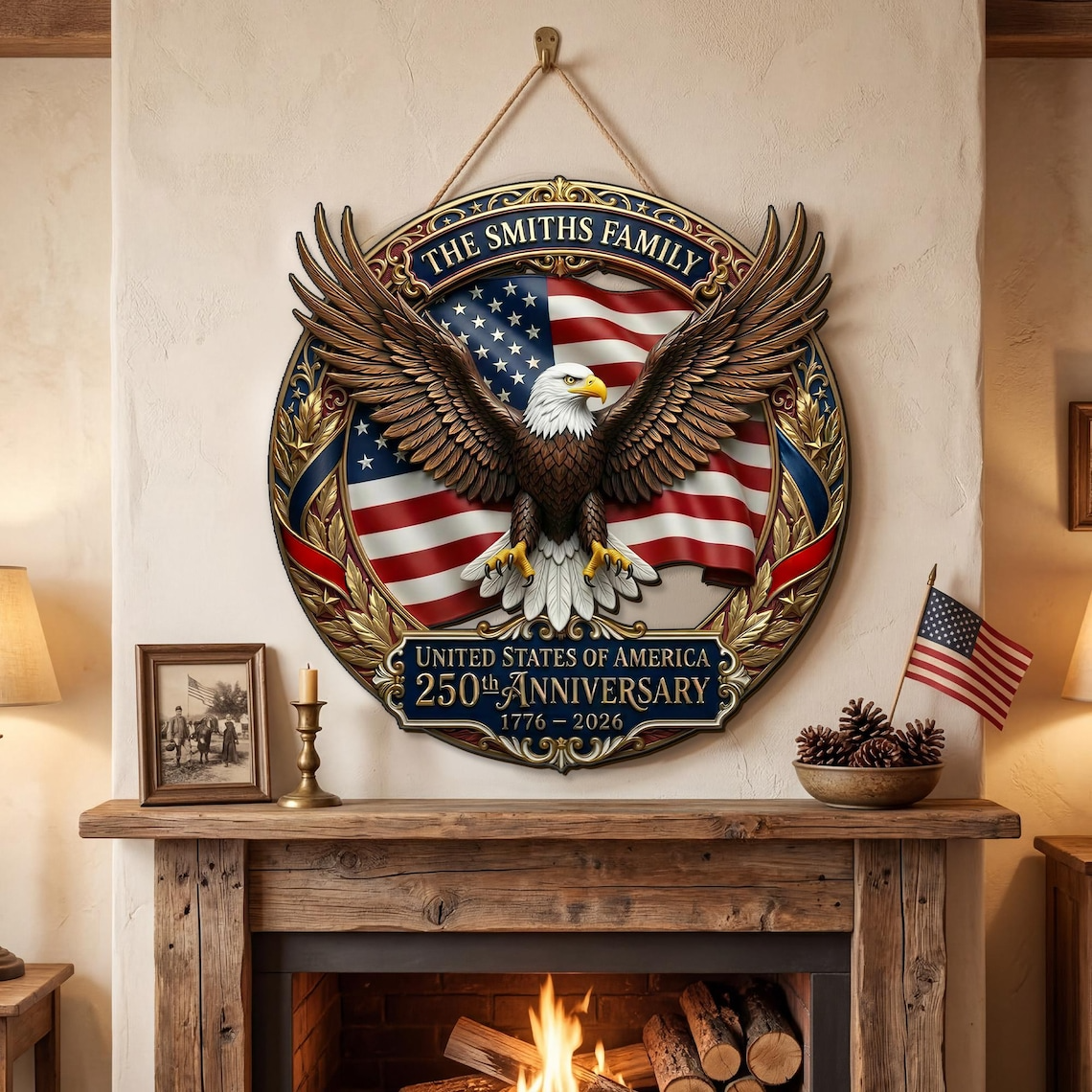 Personalized 250th Anniversary American Eagle Wood Sign, Family Name Door Hanger, Patriotic USA Decoration 1776-2026