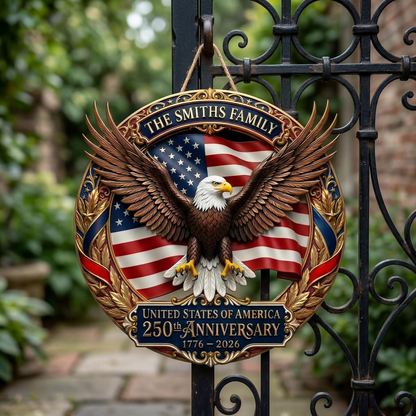 Personalized 250th Anniversary American Eagle Wood Sign, Family Name Door Hanger, Patriotic USA Decoration 1776-2026