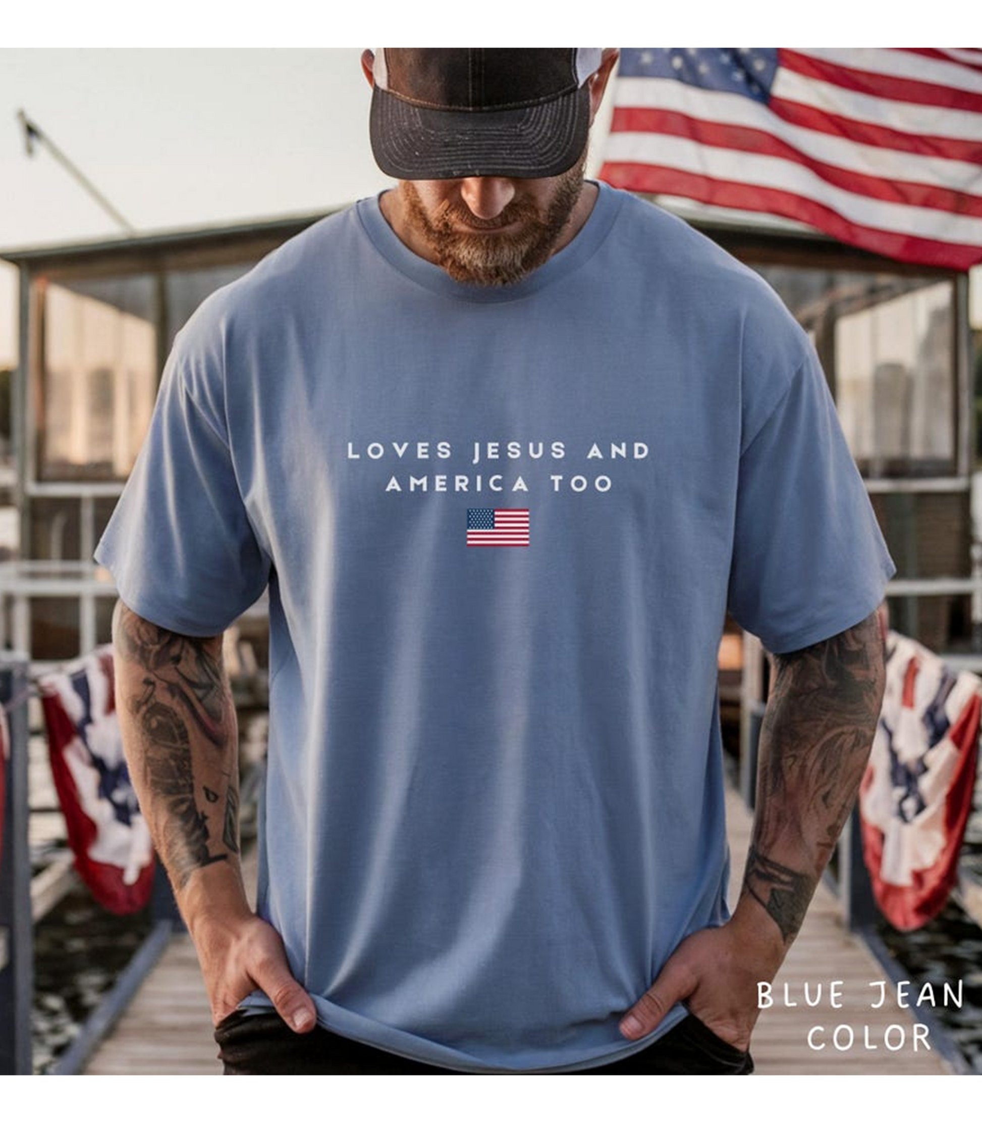 Comfort Colors Loves Jesus and America Too Shirt, Christian Patriotic T-Shirt, Faith and Freedom Tee, USA Flag Graphic Shirt 250th Anniversary