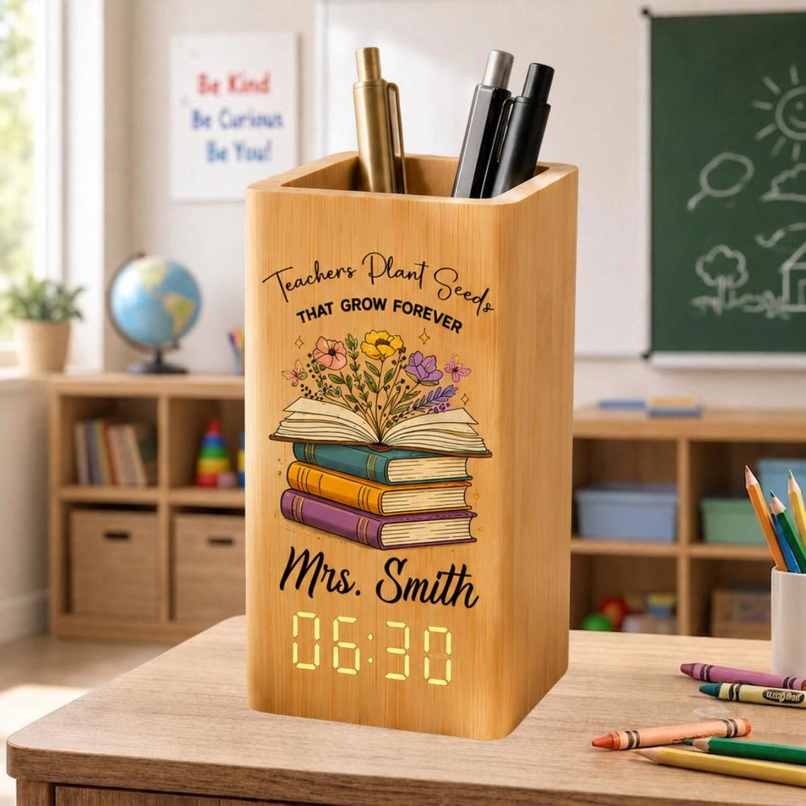 Custom Wooden Pen Holder Clock, Personalized Teacher Desk Storage, Natural Wood Organizer, Classroom Decor Gift for Teacher