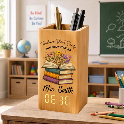 Custom Wooden Pen Holder Clock, Personalized Teacher Desk Storage, Natural Wood Organizer, Classroom Decor Gift for Teacher