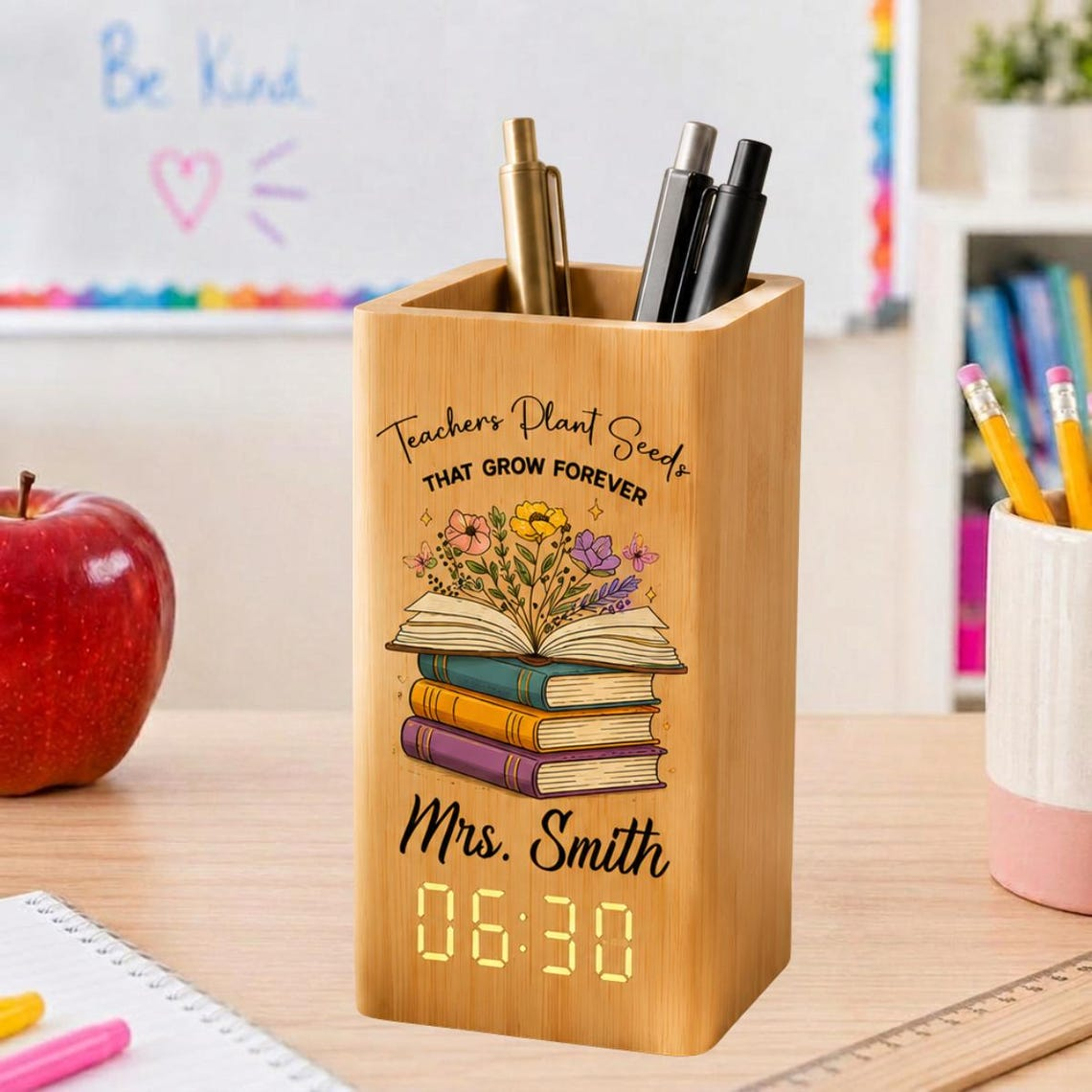 Custom Wooden Pen Holder Clock, Personalized Teacher Desk Storage, Natural Wood Organizer, Classroom Decor Gift for Teacher