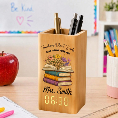 Custom Wooden Pen Holder Clock, Personalized Teacher Desk Storage, Natural Wood Organizer, Classroom Decor Gift for Teacher