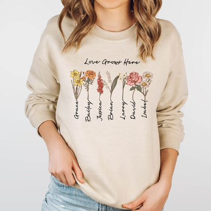 Grandma's Garden, Custom Birthflower Sweatshirt, Gift for Grandma, Love Grows Here Sweatshirt