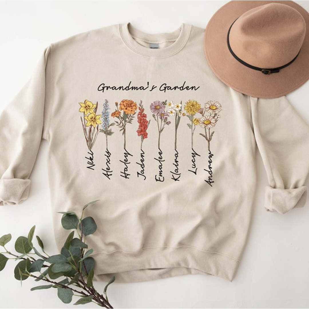Grandma's Garden, Custom Birthflower Sweatshirt, Gift for Grandma, Love Grows Here Sweatshirt