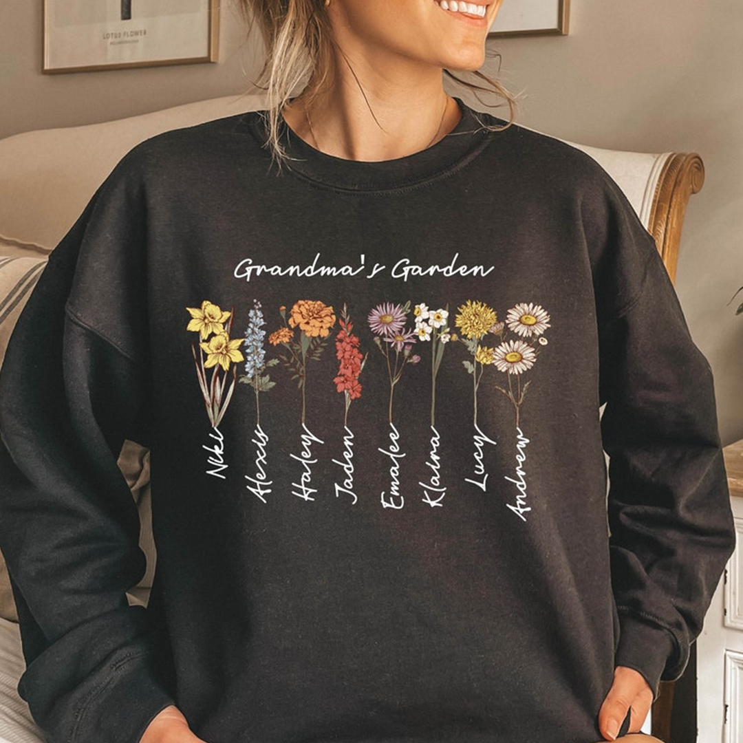Grandma's Garden, Custom Birthflower Sweatshirt, Gift for Grandma, Love Grows Here Sweatshirt