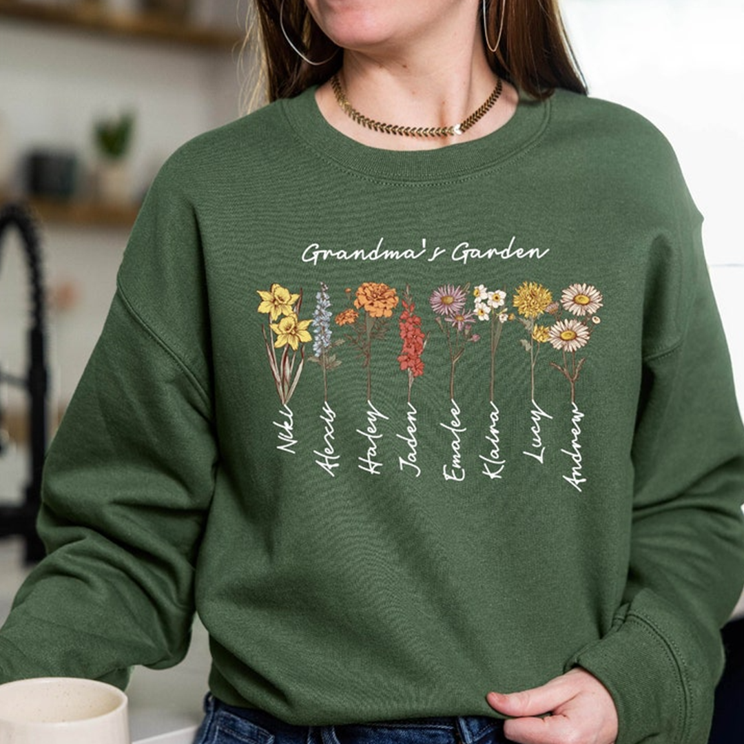 Grandma's Garden, Custom Birthflower Sweatshirt, Gift for Grandma, Love Grows Here Sweatshirt