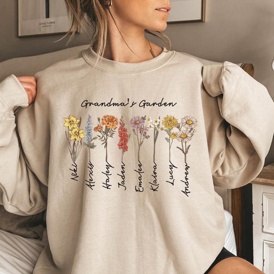 Grandma's Garden, Custom Birthflower Sweatshirt, Gift for Grandma, Love Grows Here Sweatshirt
