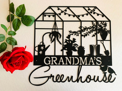 Personalized Greenhouse Name Sign Custom Garden Grandmas Plaque Metal Wall Art Yard Sign Gift for Gardener Flower Decor Mom's Place Any