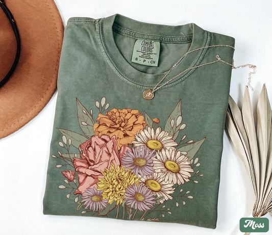 Custom Floral Bouquet T-Shirt, Personalized Flower Graphic Tee, Comfort Colors Vintage Botanical Shirt for Women Comfort Colors