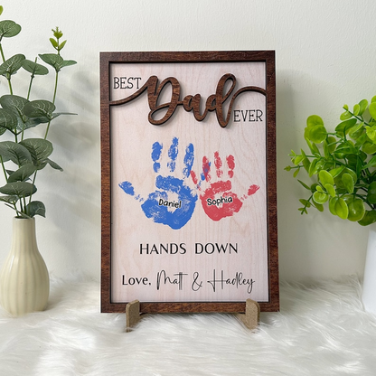 Personalized Dad Handprint Frame, Custom Kids Names Gift for Father, Best Dad Ever Hands Down Wooden Sign