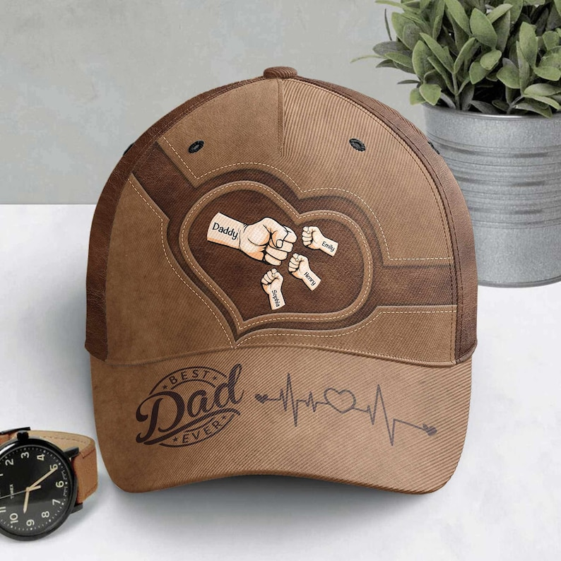 Personalized Best Dad Ever Hat – Custom Fist Bump Design with Kids' Names, Heartbeat Detail, Perfect Father’s Day Gift