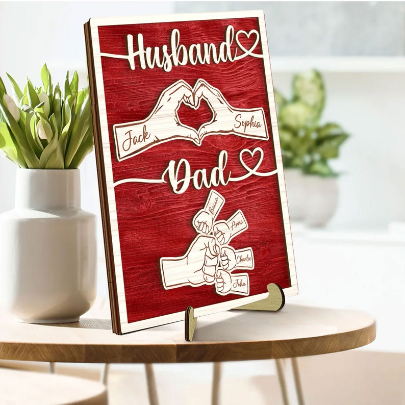 Personalized Husband Dad Wooden Sign, Custom Family Names Hand Art, Meaningful Gift for Husband Father