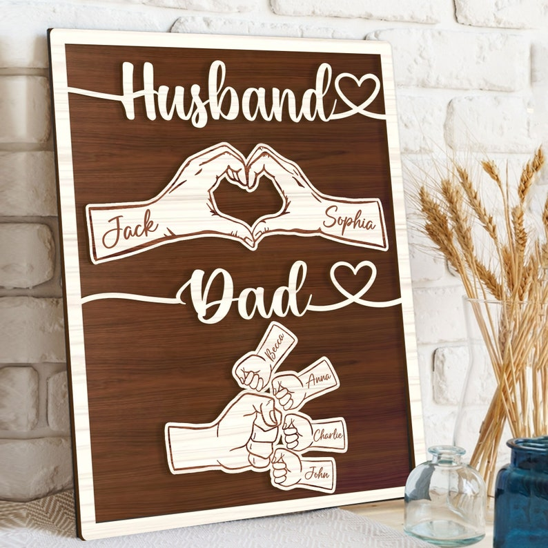Personalized Husband Dad Wooden Sign, Custom Family Names Hand Art, Meaningful Gift for Husband Father