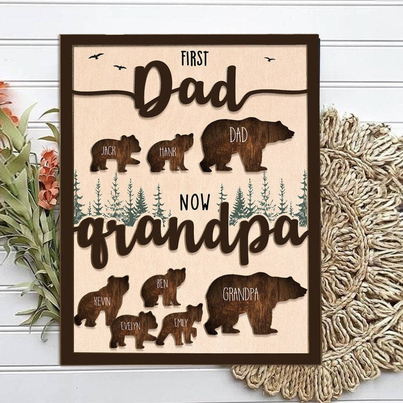 Personalized Grandpa Sign, First Dad Now Grandpa Wood Decor, Custom Kids Names Bear Family Wall Art, Gift for Grandfather