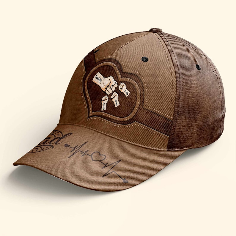 Personalized Best Dad Ever Hat – Custom Fist Bump Design with Kids' Names, Heartbeat Detail, Perfect Father’s Day Gift