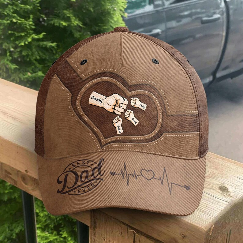 Personalized Best Dad Ever Hat – Custom Fist Bump Design with Kids' Names, Heartbeat Detail, Perfect Father’s Day Gift