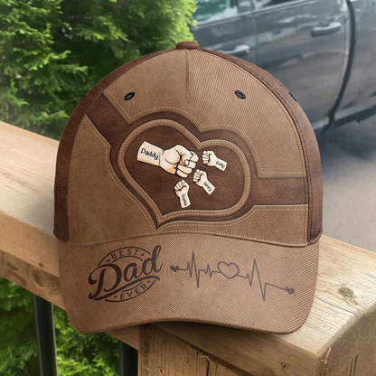 Personalized Best Dad Ever Hat – Custom Fist Bump Design with Kids' Names, Heartbeat Detail, Perfect Father’s Day Gift