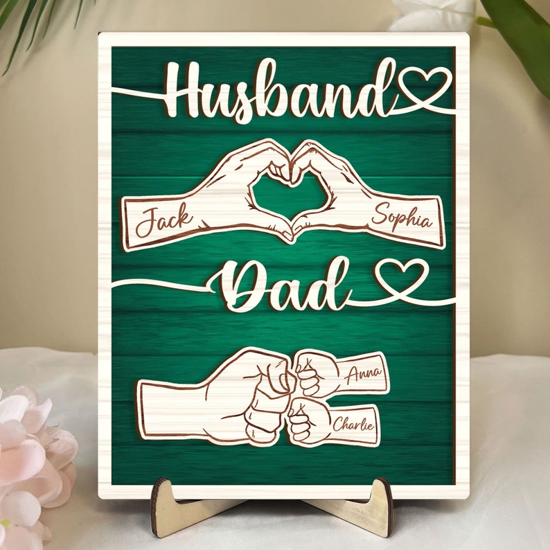 Personalized Husband Dad Wooden Sign, Custom Family Names Hand Art, Meaningful Gift for Husband Father