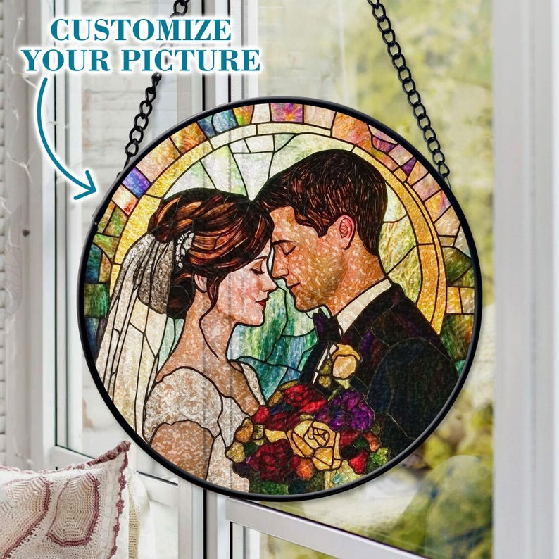 Personalized Faux Stained Glass Couples Portrait From Photo, Wedding Portrait Suncatcher